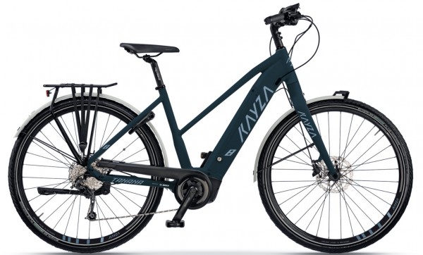 KAYZA Elektro-Trekkingrad "Tanana Dry 8" Mod. 21, Trapez, 28", teal blue matt / smoke gray matt, 11-Gang SHIMANO "Deore", 45cm
